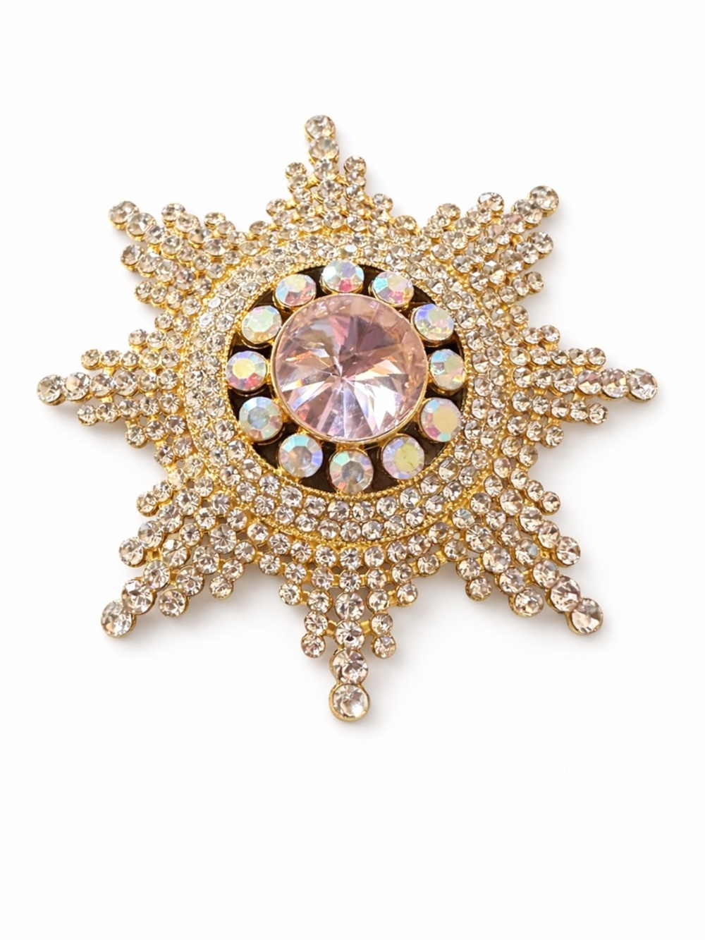 Vintage Style Starburst Rhinestone Brooch Gold Tone Aurora Borealis